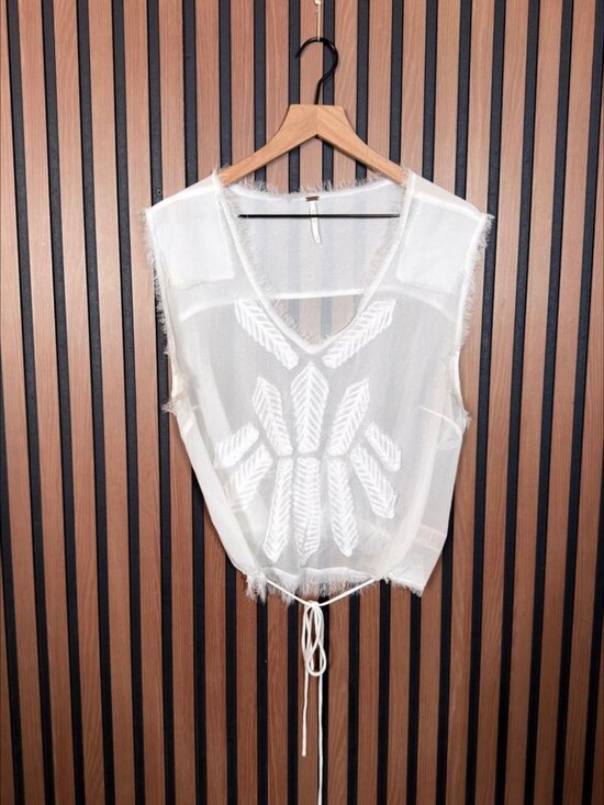 Free People Tops - Free People Tank Top Large Women’s White Frayed Mesh V Neck Textured Waist Tie
